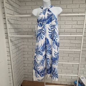 Tommy Bahama Blue White Palm Print Halter Dress Tropical Size M